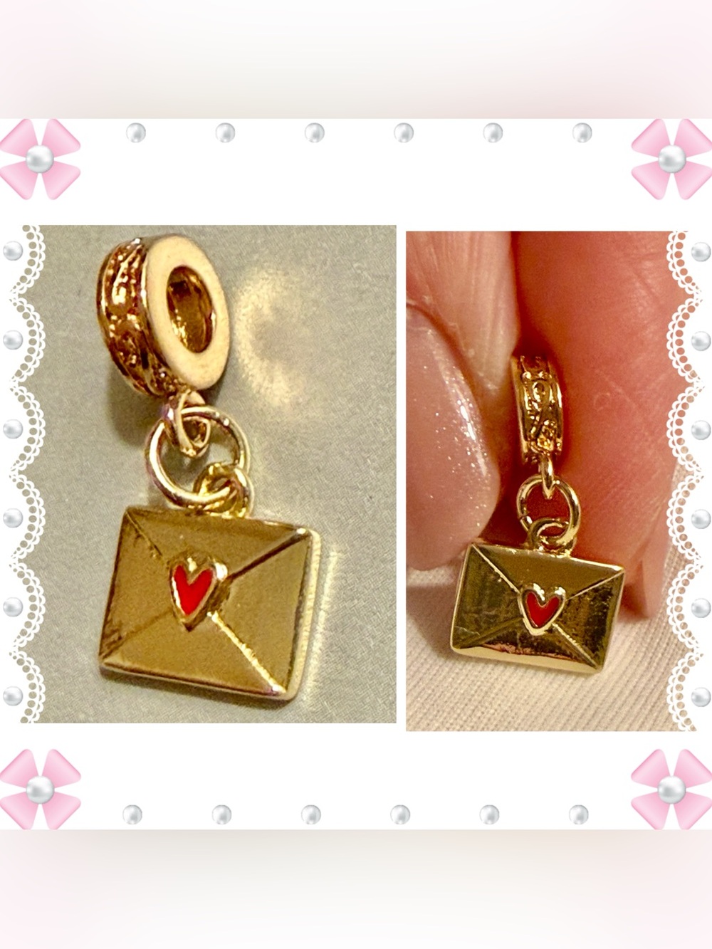 Charm / pendant - 1/2” gold envelope w/heart seal - gold tone & red. New!